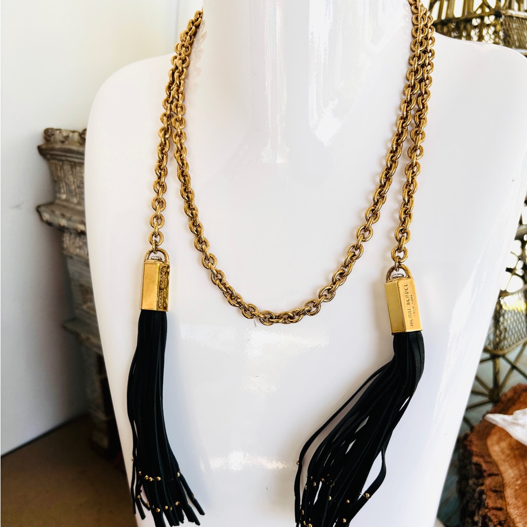 Henri Bendel Gold Tone Punk Leather Rivet Tassel Necklace 60$